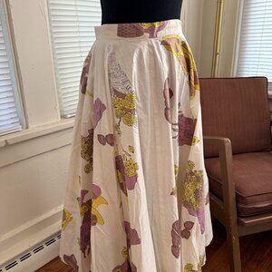 vintage 50s blockprinted wine print white yellow crinoline aline circle skirt